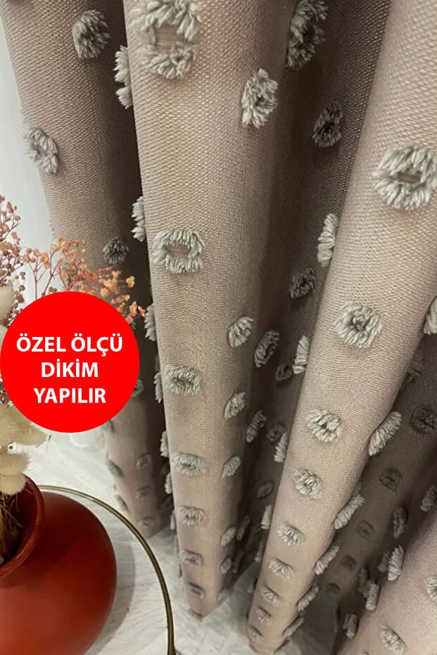 Fon Perde Koyu Gri Pufy Püsküllü, Ponponlu, Perde Sık Pileli Keten Pano Fon Tek Kanat